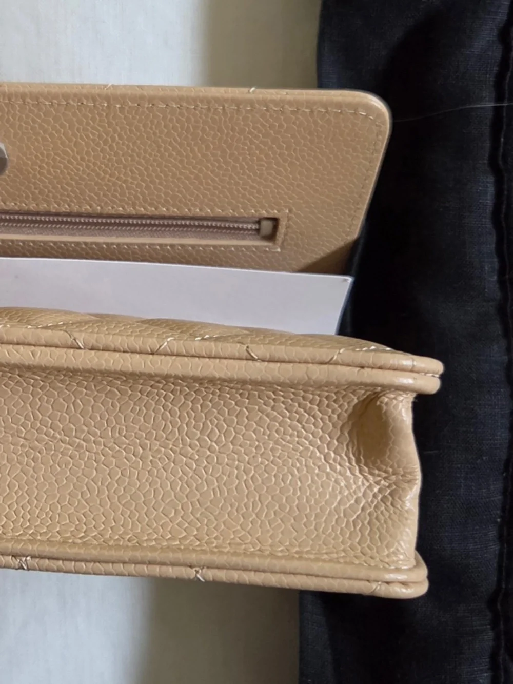 CHANEL Classic Wallet on Chain WOC Beige Caviar Silver Hardware